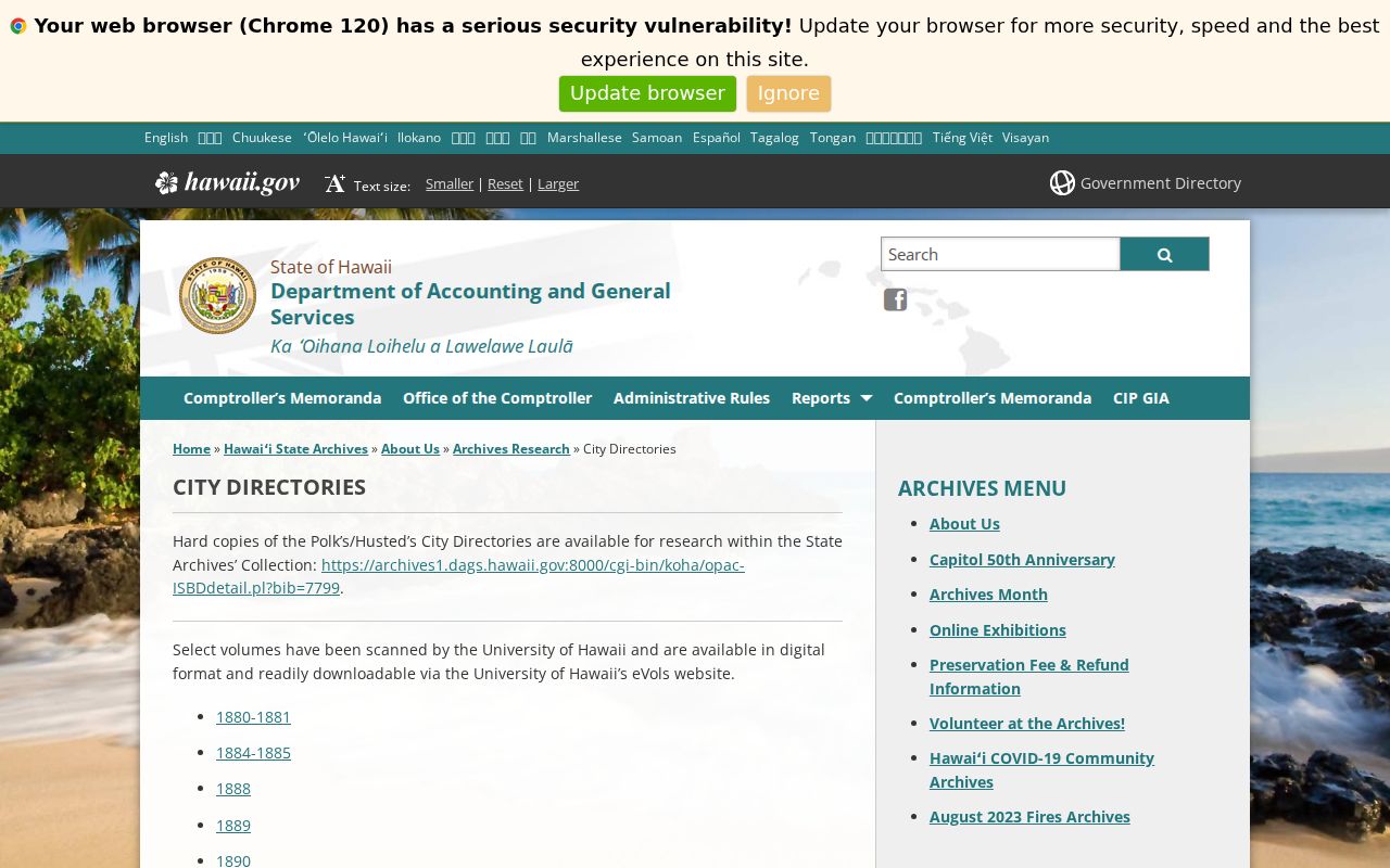 Hawaiʻi State Archives city directory holdings page used for Mililani Town research