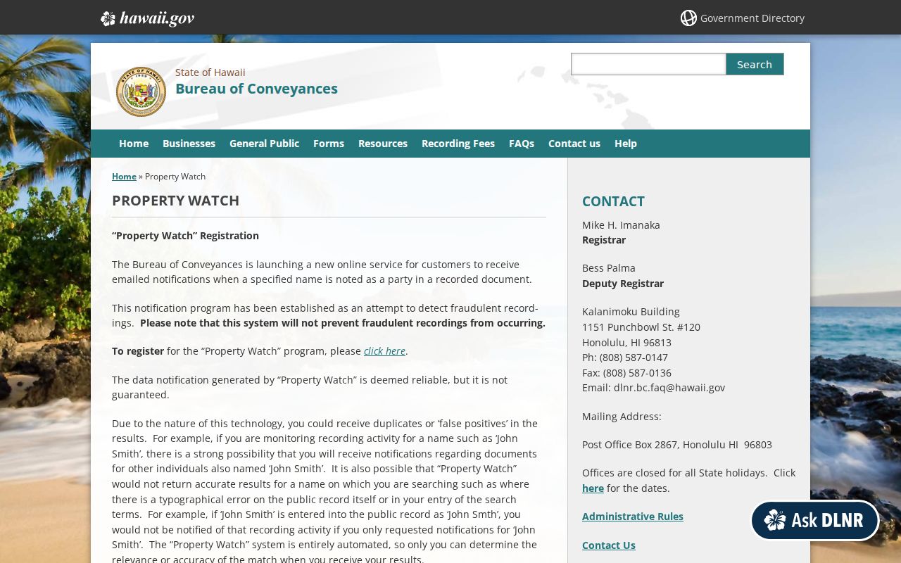 Hawaii Property Watch page for recorded-instrument fraud awareness