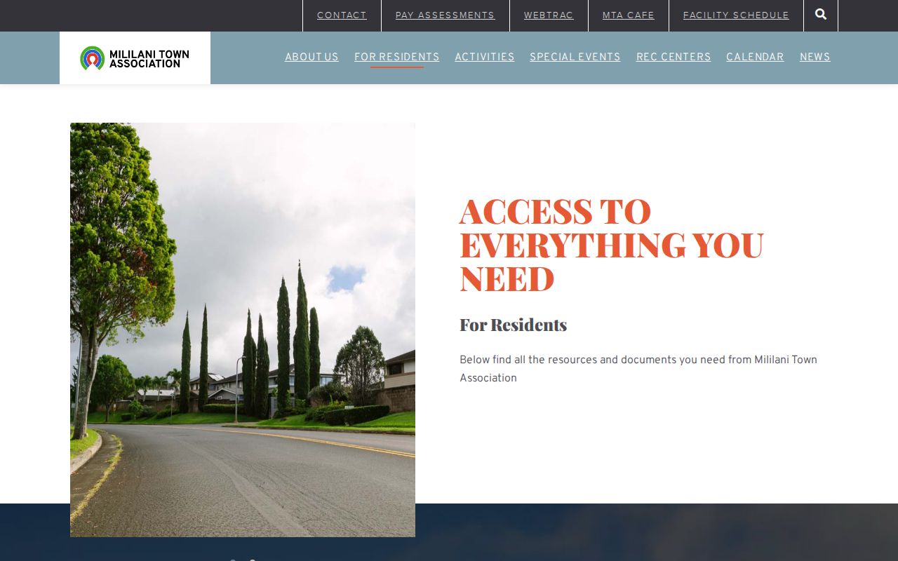 Mililani Town Association resident resources page for the community layer within ZIP 96789